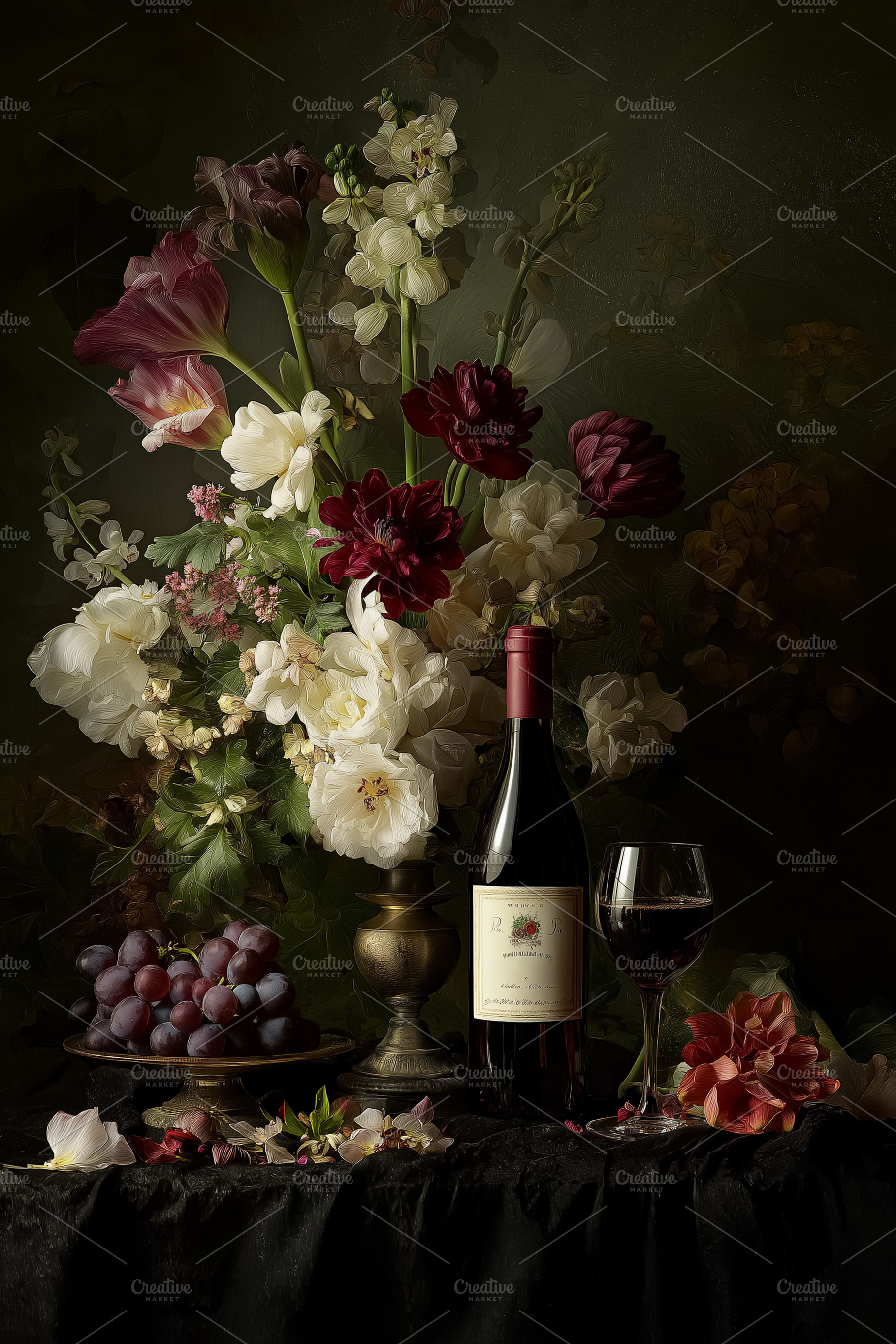Still life featuring a luxurious floral arrangement, red wine, glasses, and gra, a Food & Drink Photo by Anneleven