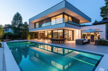 Contemporary Home with Pool and Outdoor Living Space at Dusk, an Abstract Photo by Natalia Klenova's Shop