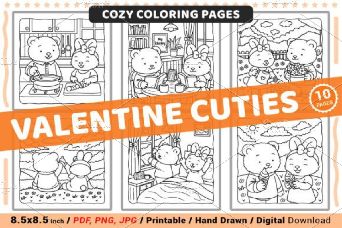 Valentine Cuties Cozy Coloring Pages, a Seasonal Illustration by Ink Gallery (Photo 1 of 4)