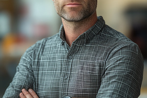 A confident industrial designer man with glasses stands with arms crossed, wear, a Person Photo by Textures & Backgrounds