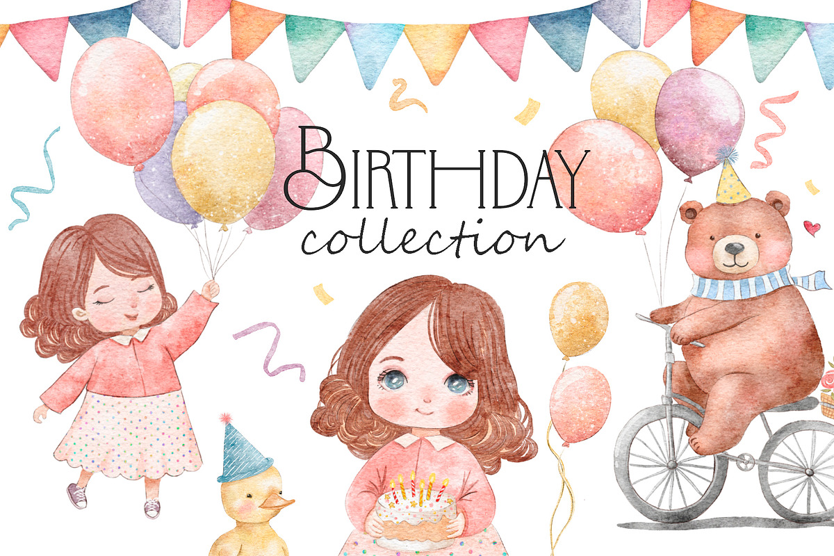 Happy Birthday watercolor collection, a Decorative Illustration by AlineArtStore (Photo 1 of 13)