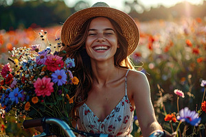 Smiling Young Woman with Flowers in Sunset Field, a Person Photo by Davizro's Market