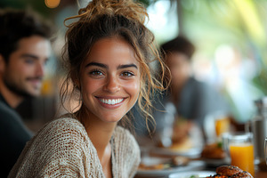 Young woman smiles warmly while enjo, a Photo by Tanuart