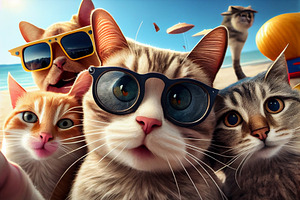 A group of funny cats on vacation take a selfie, a Technology Illustration by Olyryk & Aglo
