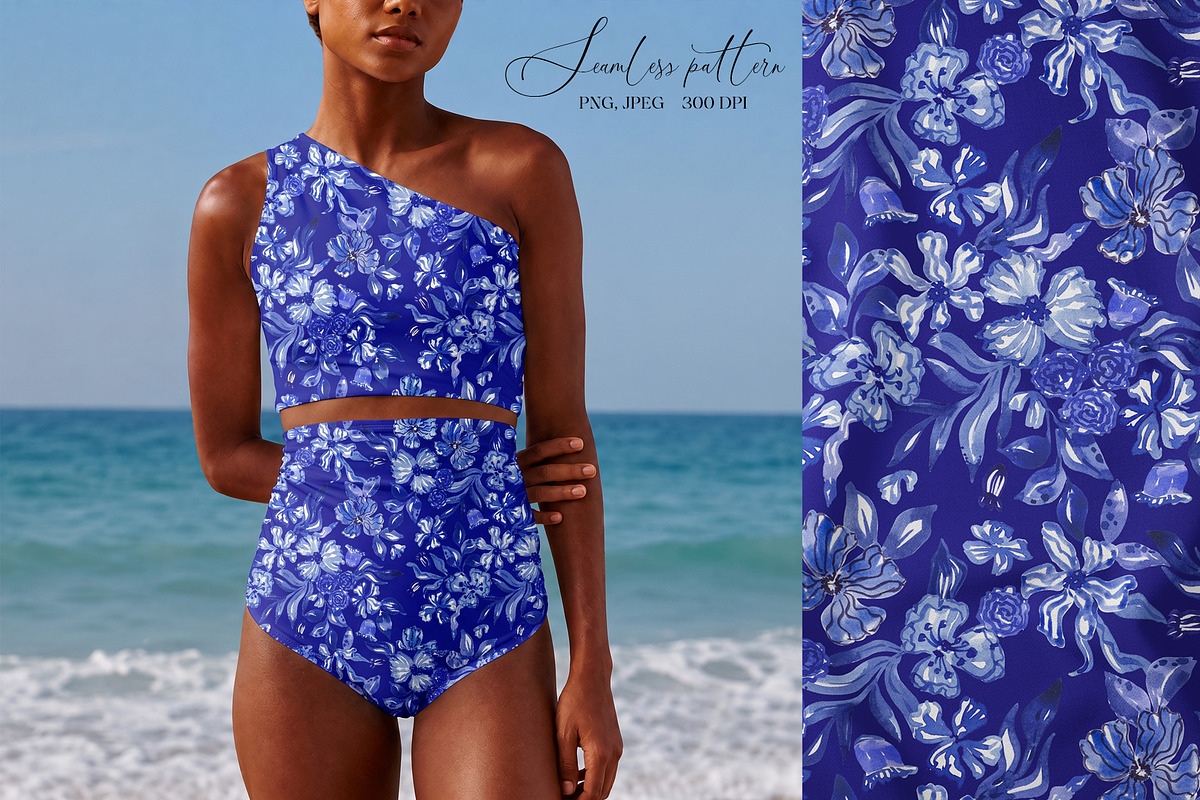 Cobalt Blue Fashion Floral Print, a Pattern Graphic by SirenaArt (Photo 11 of 17)