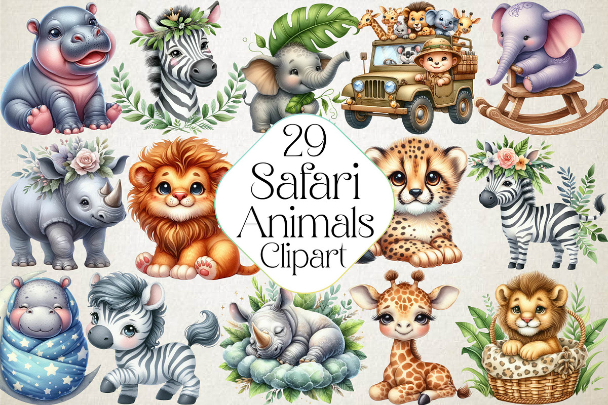 Safari Animals Watercolor Clipart, an Illustration by DreamPrint404 (Photo 1 of 5)