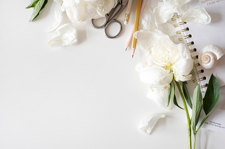 Peonies on Workspace Stock Image, a Business Photo by Her Creative Studio