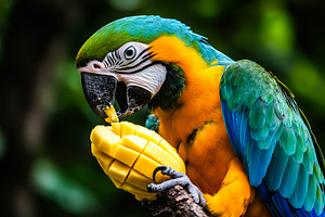 Blue-and-Yellow Macaw Eating Mango, an Animal Photo by Ales Munt
