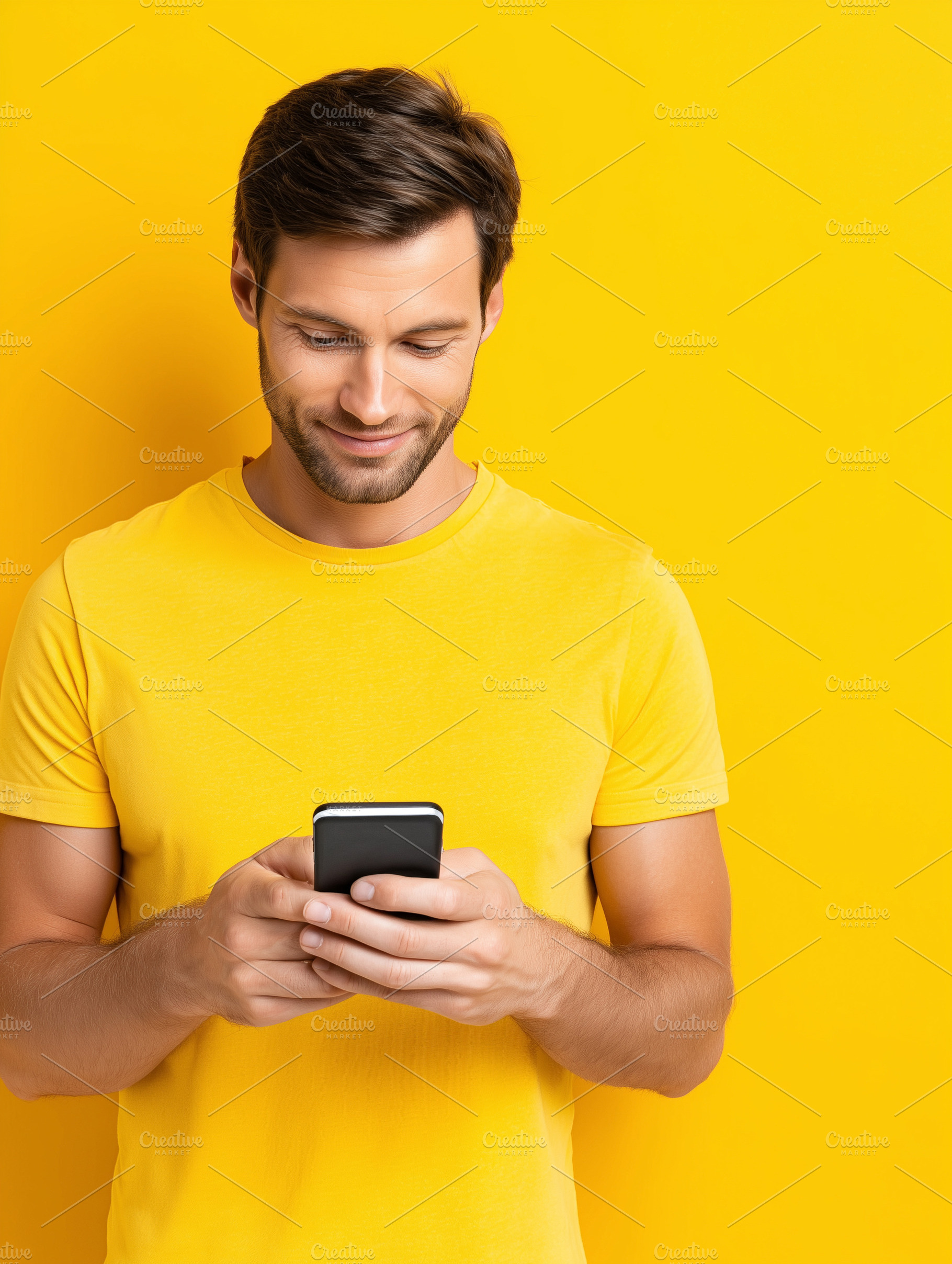 Smiling young man in a yellow shirt, a Technology Photo by MistyDay