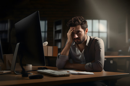 Overworked young man. Exhausted, burnout, anxiety, take break in online work, a Business Photo by Lenor4ik