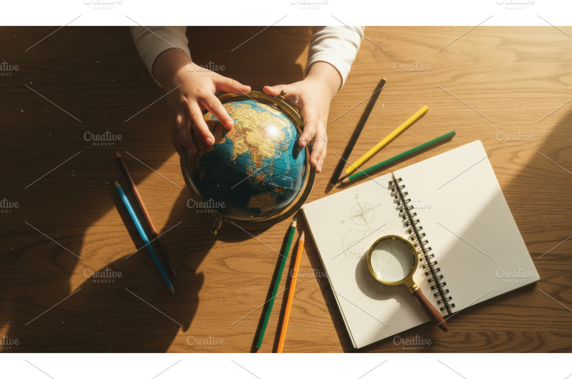 Child exploring globe on wooden desk, a School & Education Photo by Igor Tichonow