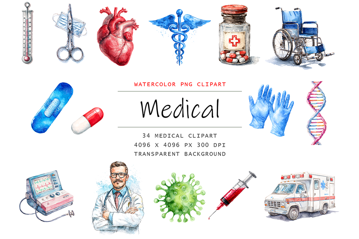 Watercolor Medical Clipart, a Decorative Illustration by stickermadness (Photo 1 of 4)