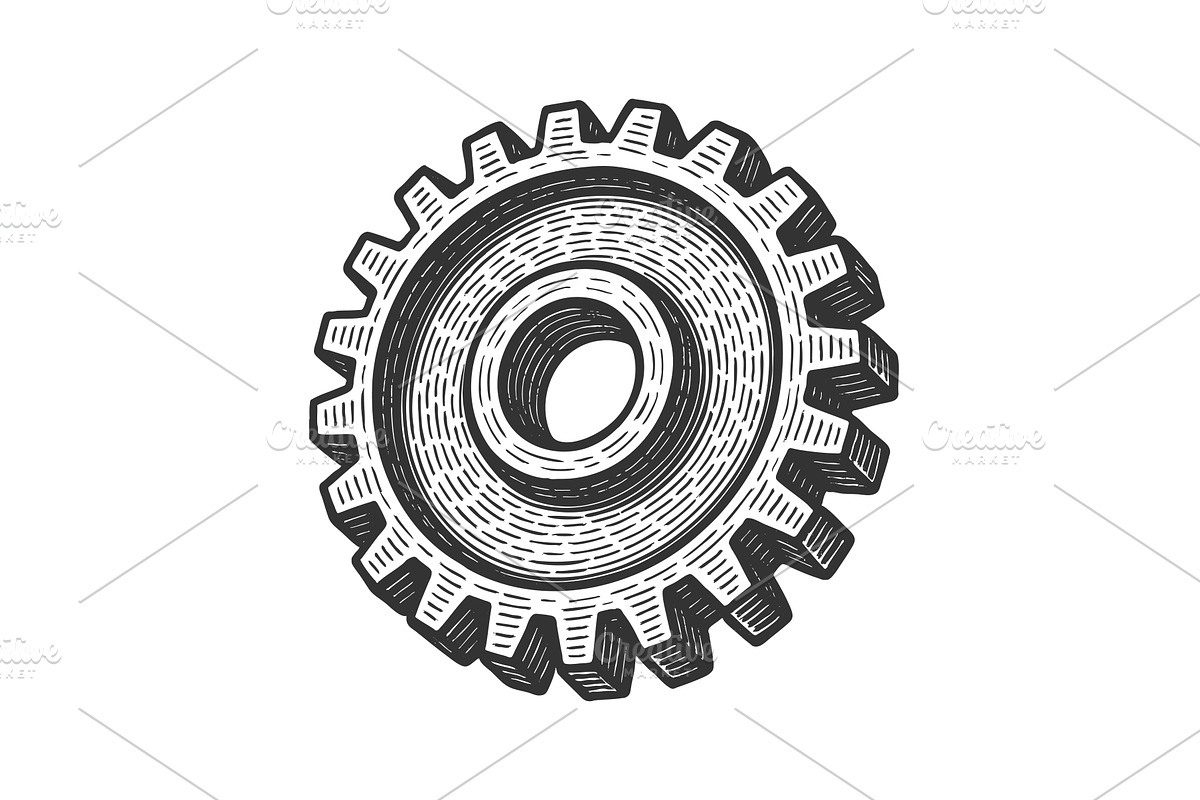 Gear Wheel engraving sketch vector, an Object Illustration by AlexArt