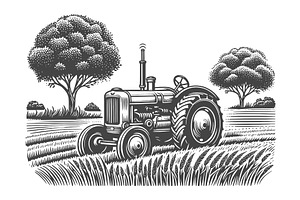 Tractor In Field Engraving Vector