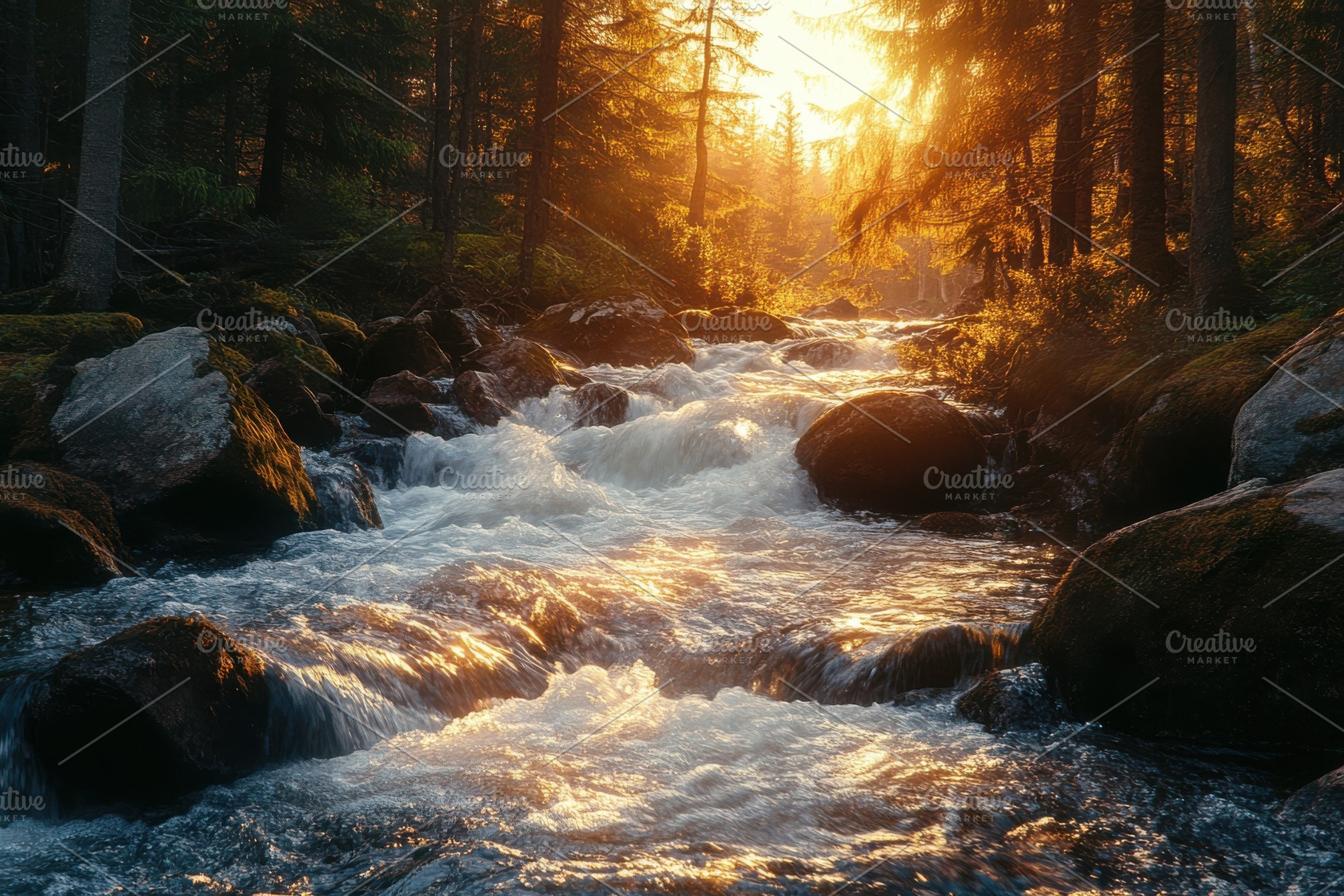 Golden Sunset River Flowing Through, a Photo by Pixeness Studio