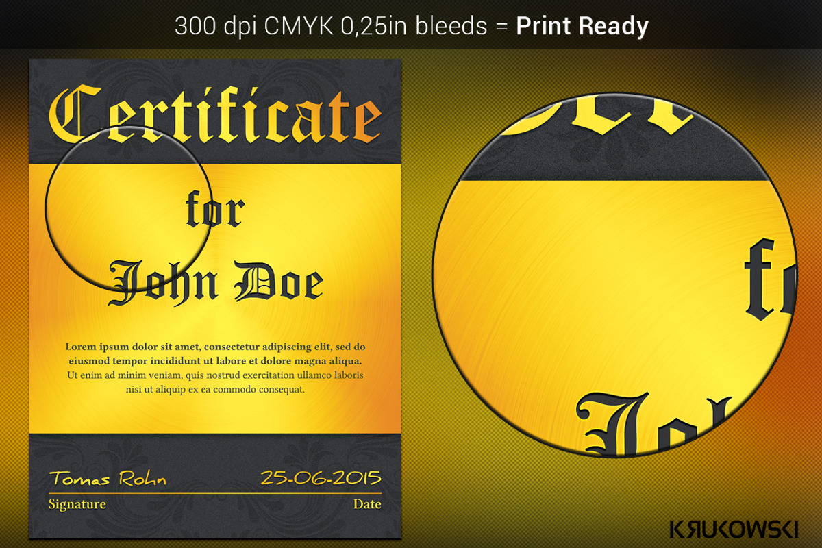 Gold Certificate Template, a Stationery Template by Krukowski Graphics