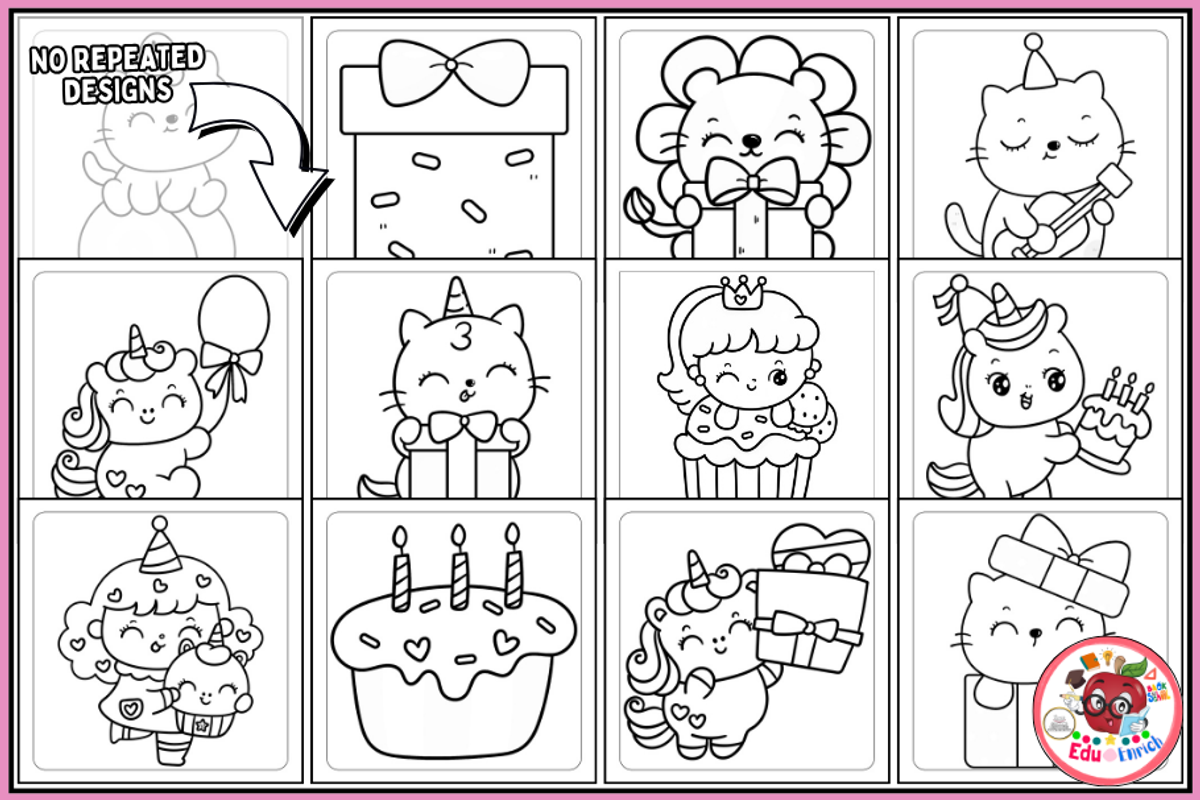 Girl Birthday Coloring Pages, a Seasonal Illustration by EduEnrich (Photo 3 of 3)