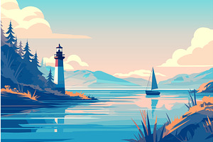Cartoon lonely yacht in the bay with, an Illustration by LadadikArt