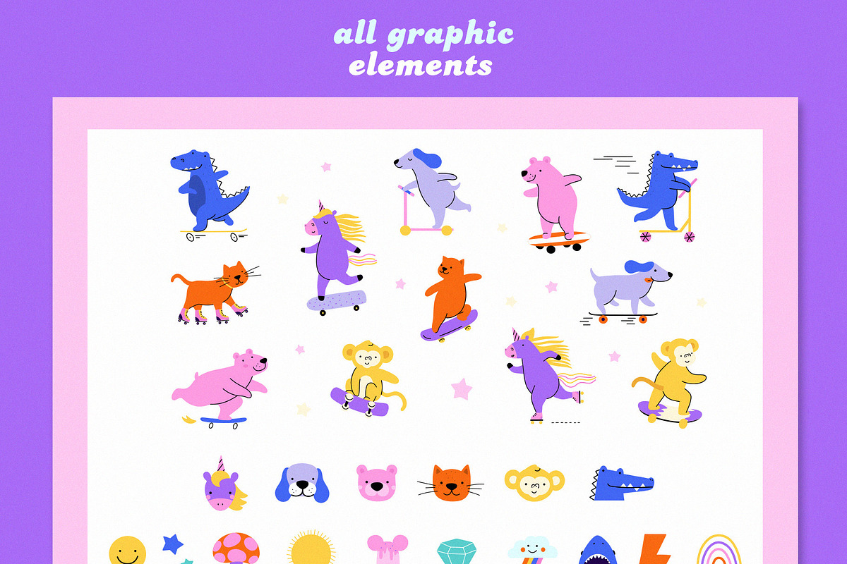 Cool Kid: 90s Graphic & Pattern Set, an Animal Illustration by AlekseliArt (Photo 5 of 13)