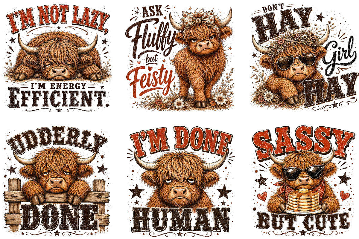 Funny Highland Cow Clipart Bundle, a Seasonal Illustration by OK Design (Photo 3 of 6)