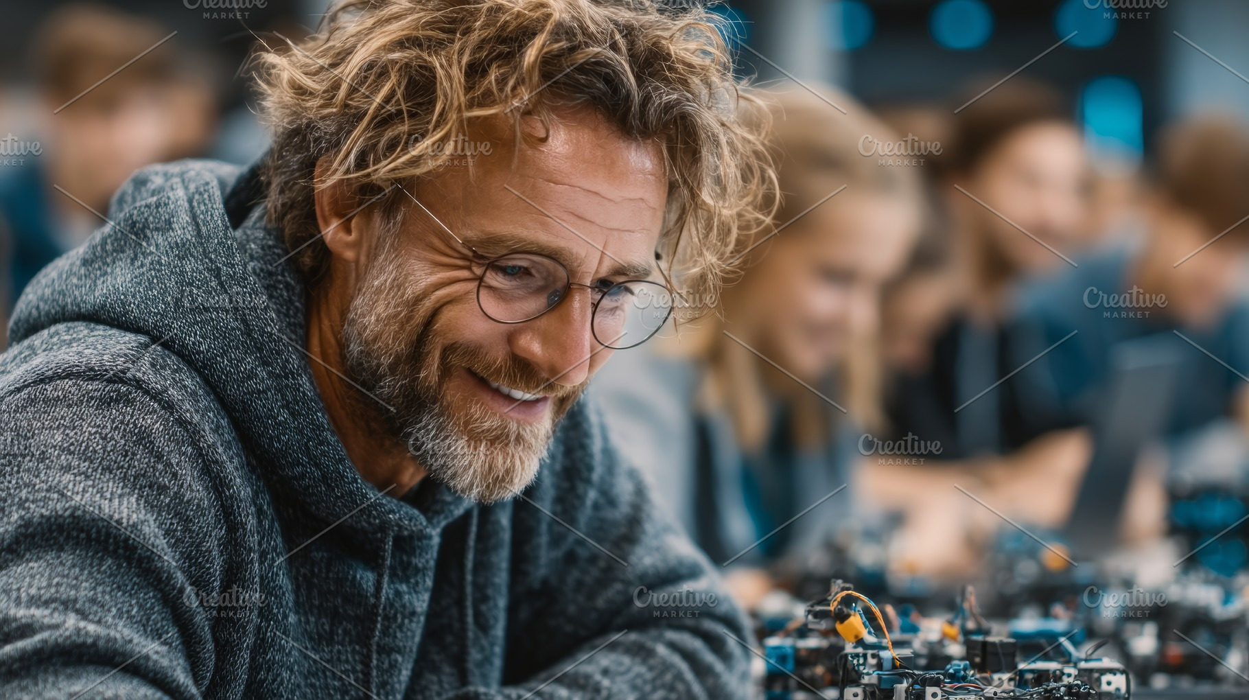 Educator leading a classroom with engaged students working on electronic projec, a Photo by AS photostudio