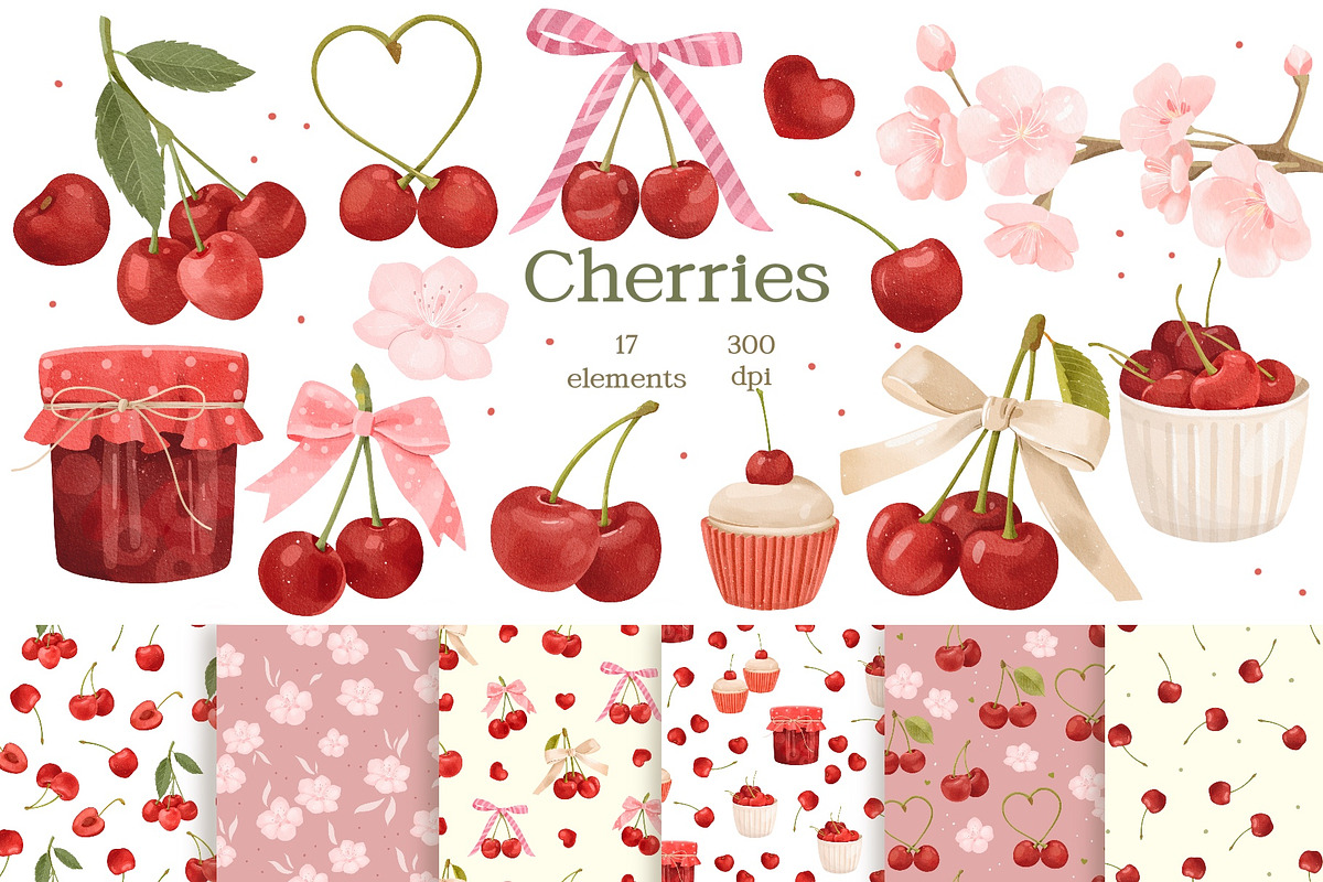 Watercolor Cherry and Bow Clipart, a Food Illustration by ArtGiftsStudio (Photo 1 of 6)