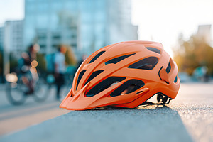 Bicycle helmet mockup resting on concrete with cyclists in the background durin, a Sports & Recreation Photo by AlyaAnd