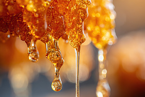 Golden honey dripping from a honeycomb in natural sunlight at a farm, a Food & Drink Photo by AlyaAnd