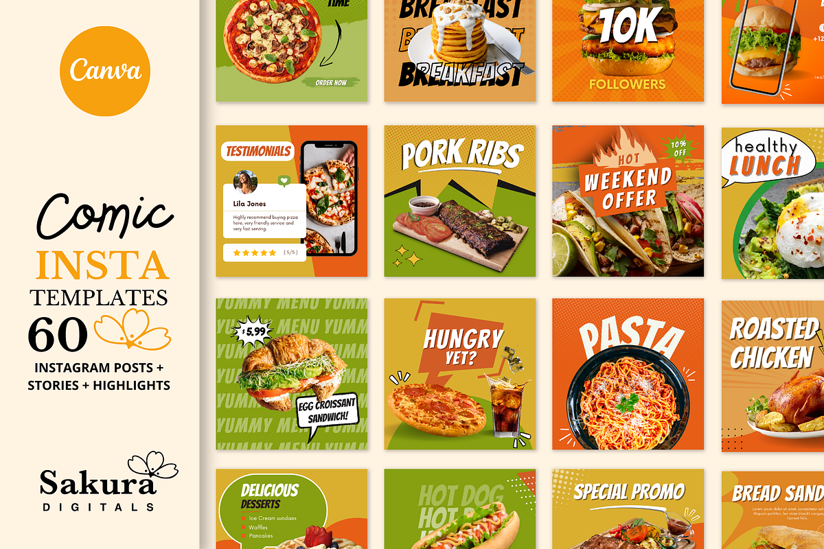 Food Instagram Templates for Canva, a Social Media Template by Sakura Digitals (Photo 1 of 8)
