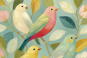 Numerous colorful birds sitting on leaf laden tree branches, for, an Illustration by Studio ANNA