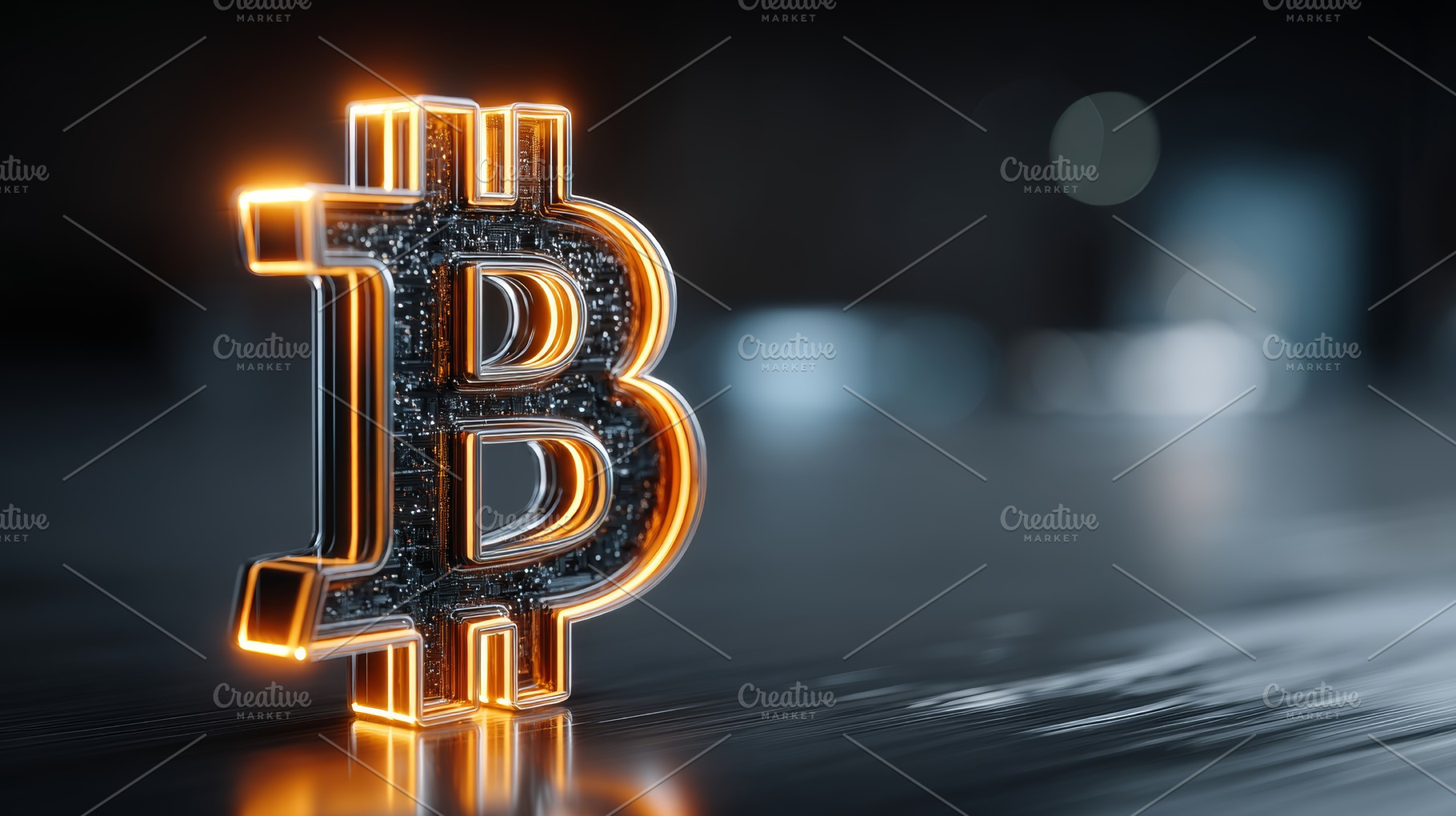 Glowing bitcoin logo on a reflective surface representing cryptocurrency, digit, a Photo by AS photostudio