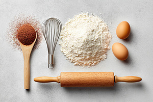Preparation of baking ingredients on a kitchen counter with flour, cocoa, and e, a Food & Drink Photo by AlyaAnd