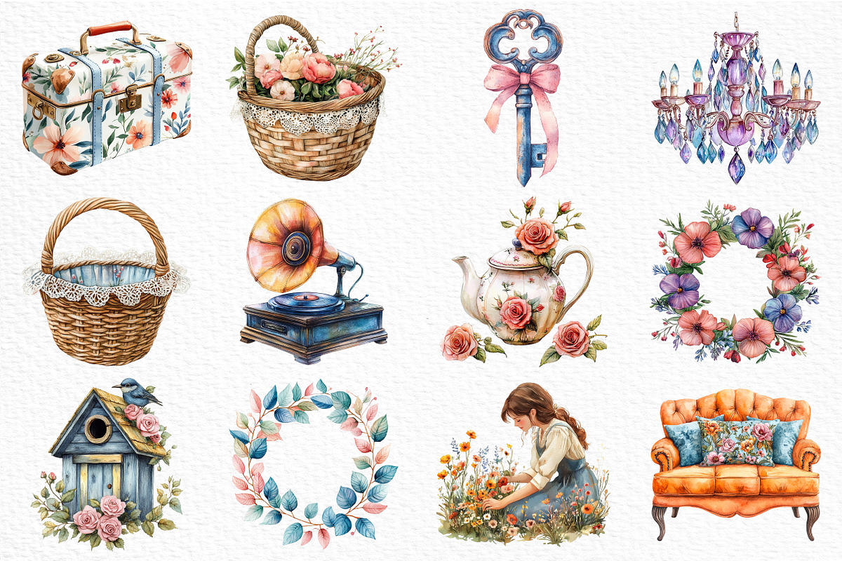 Vintage Shabby Chic Clipart Bundle, an Illustration by Craft Nest (Photo 2 of 6)