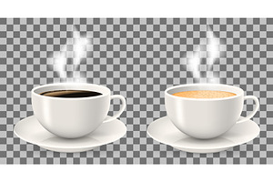 Two Hot Cups Of Coffee With Steam On Saucers.