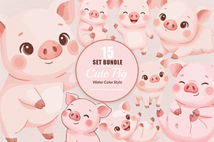 15 Bundle Watercolor Cute Pig Pink, an Animal Illustration by Morspective