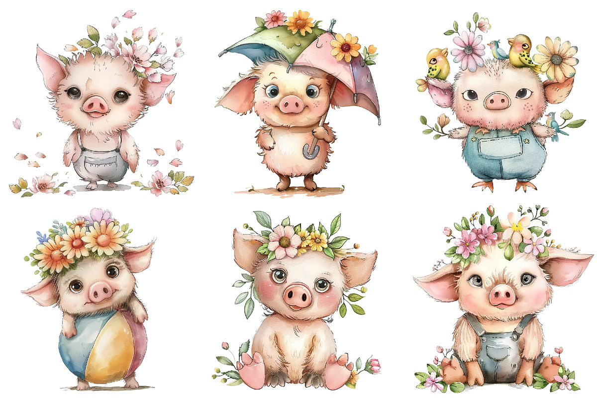 Whimsical Summer Pig Clipart, an Illustration by DreamArtGraphic (Photo 5 of 8)