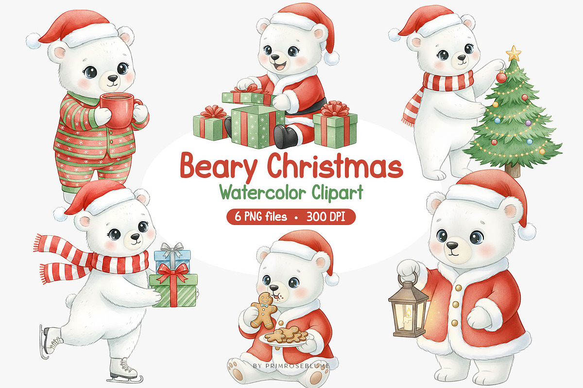Beary Christmas Watercolor Clipart, a Seasonal Illustration by Primrose Blume (Photo 1 of 2)