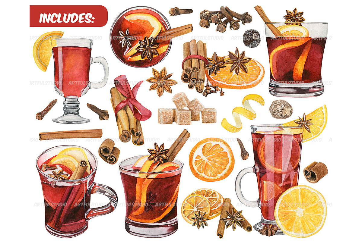 Watercolor mulled wine clipart set, a Food Illustration by ArtfulStudio (Photo 2 of 9)