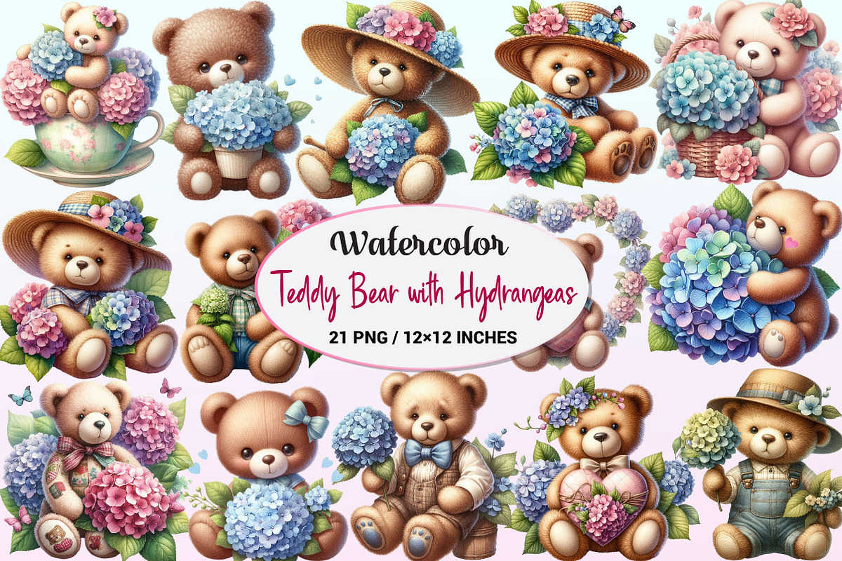 Teddy Bear with Hydrangeas Bundle, a Graphic by CitraGraphics (Photo 1 of 4)