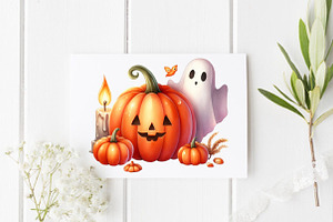 Watercolor Cute Pumpkin With Ghost