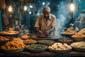Indian street food vendor preparing, a Photo by Pixeness Studio