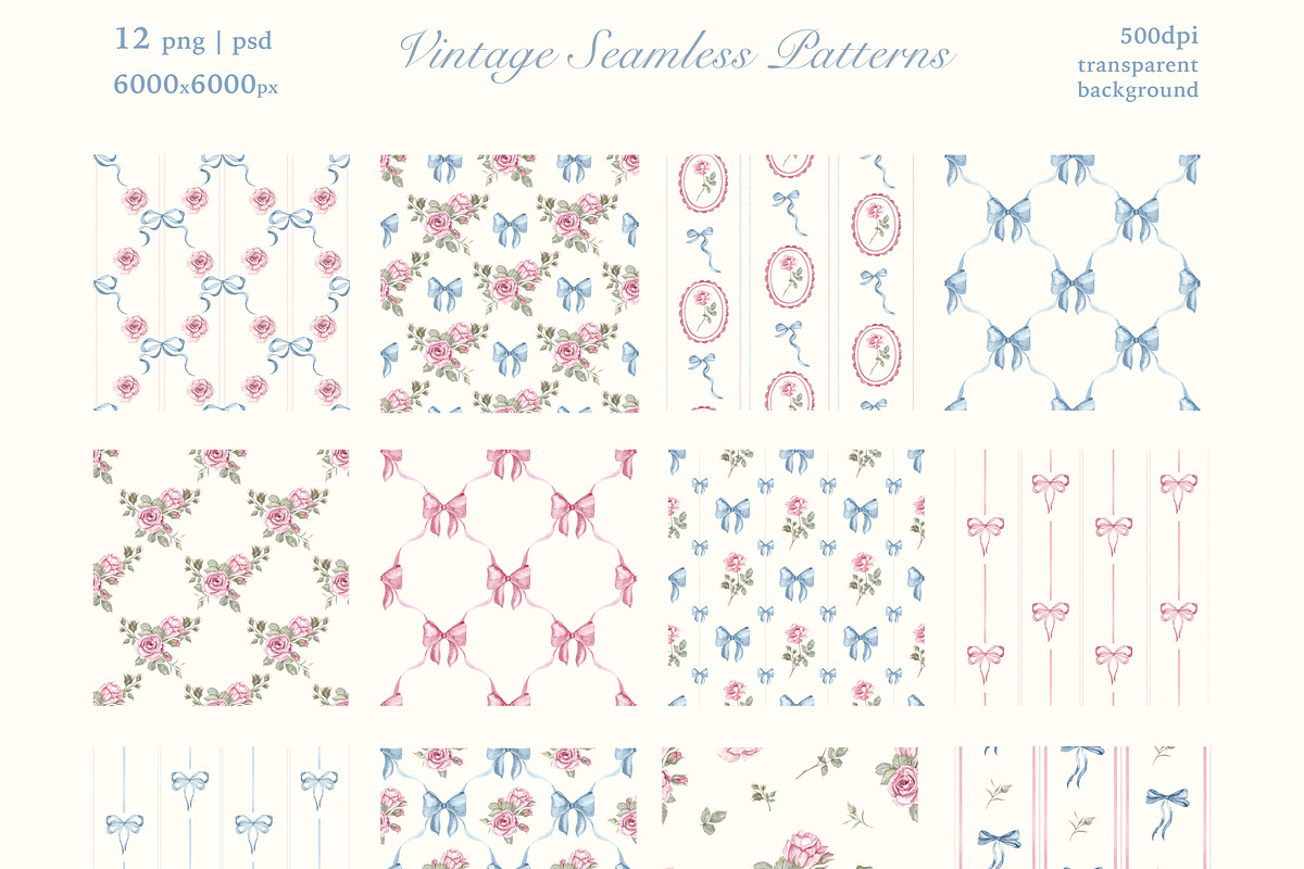 Bows and Roses. Vintage watercolor., a Decorative Illustration by Ooh Lily (Photo 5 of 14)