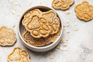 Homemade dog treats in bowl with paw prints, a Food & Drink Photo by Olena Rudo