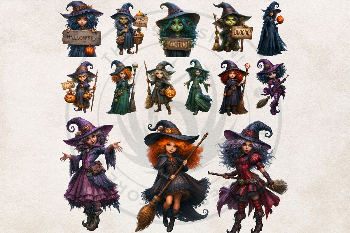 Halloween Little witches Cliparts, a Seasonal Illustration by ThatsDesignArt (Photo 4 of 17)