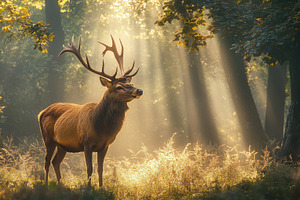 Stag in the dappled sunlight, rays o, an Animal Photo by Pixeness Studio