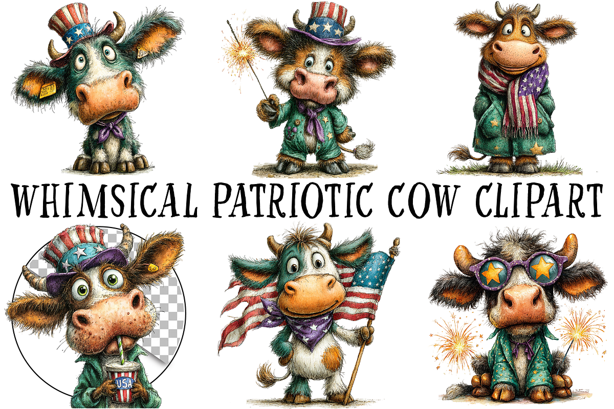 Whimsical Patriotic Cow Clipart, an Illustration by OK Design (Photo 2 of 6)