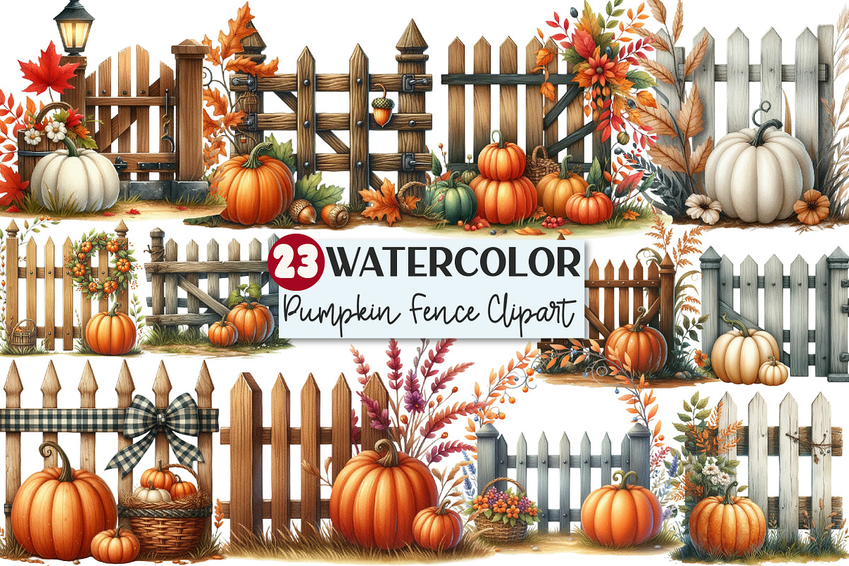 Watercolor Fall Pumpkin Fence Clipar, an Illustration by Rose Art (Photo 1 of 7)