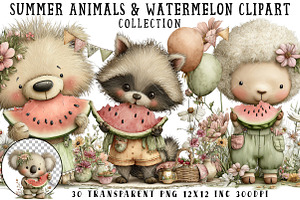 Summer Animals & Watermelon Clipart, an Illustration by OK Design