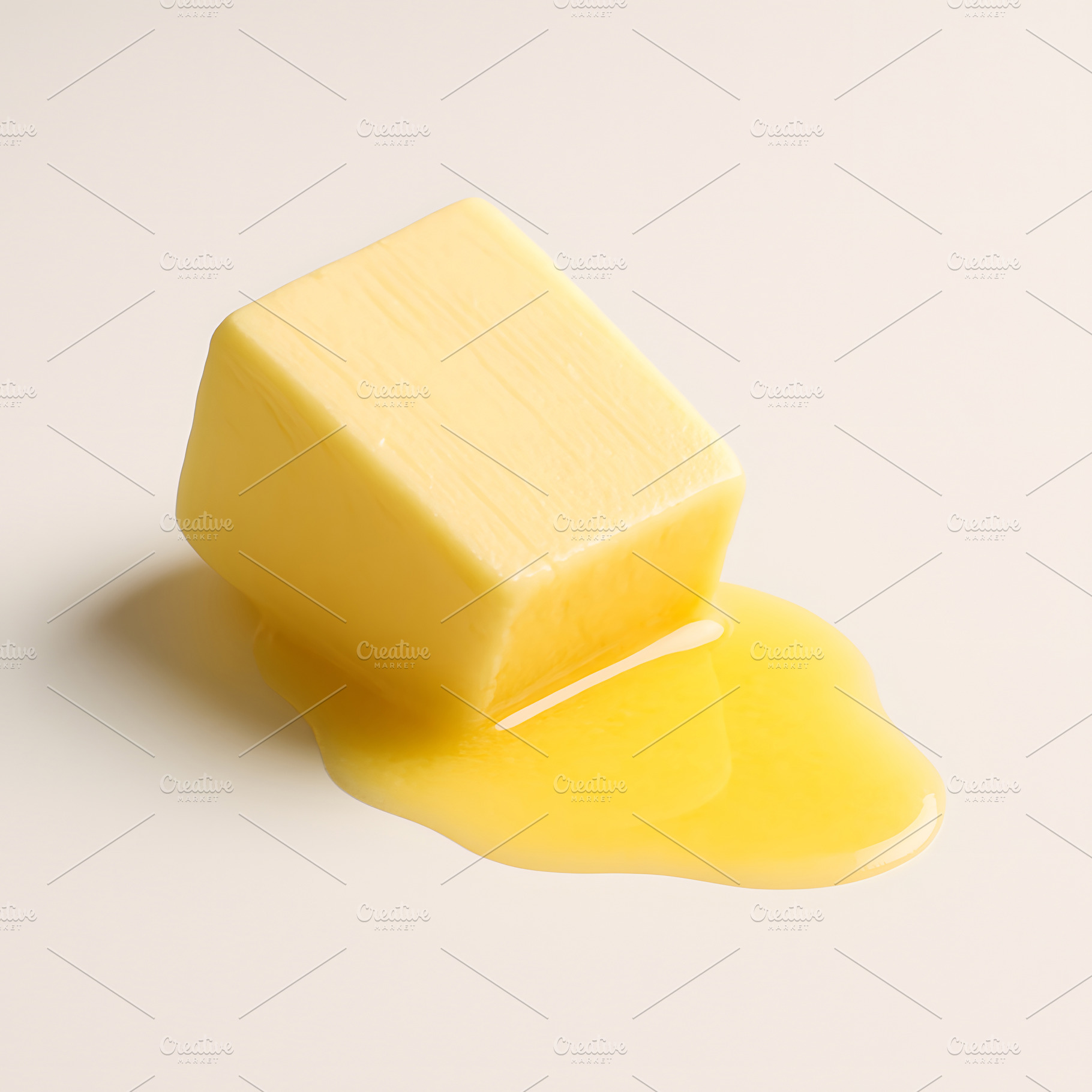 Butter cube melting from tilted side angle with yellow spread, a Food & Drink Photo by GoodGoods