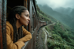 Woman on train journey mountain view, a Photo by Pixeness Studio